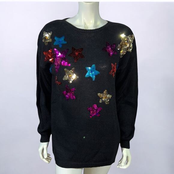 Vintage 90s Jason Maxwell Sequin Star Sweater - NWT Black Rainbow Stars Medium - Picture 1 of 12